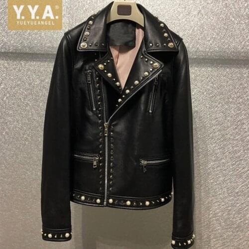 High Quality Punk Style Women Sheepskin Real Leather Jacket Rivets Genuine Leather Coat Ladies Slim Fit Short Moto Biker Outwear