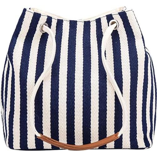High Quality Casual Stripe Pattern Womens Handbag Bucket Canvas Top-Handle Drawstring Female Beach Shopping Bag Fashion Bag