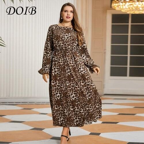 DOIB Women Leopard Print Dress Large Size Women O Neck Loose Casual Elastic Waist Plus Size Dress 2021 Fashion Female Dress