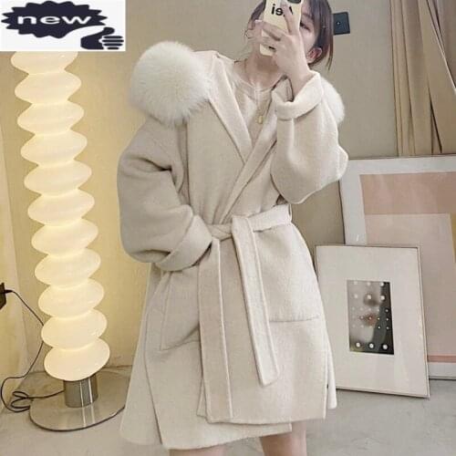 Winter Women Big Real Fox Fur Collar Hoody Wool Coat Loose Fit Belted Elegant Ladies Long Woolen Jacket High Quality Overcoat