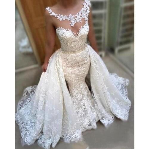 Beaded Lace Appliques Wedding Dresses with Detachable Train e Vintage Lace Overskirts Bridal Gowns robe de mariée