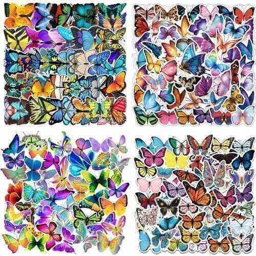 50pcs Flower Butterfly Stickers Aesthetic For Notebooks Stationery Waterproof Sticker Craft Supplies Scrapbooking Material