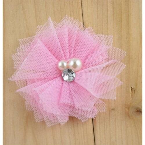 500pcs/lot 18 Color 2" Petite Tulle Mesh Flowers With Rhinestone And Pearl In Center Wedding Decoration Hair Accessories F27