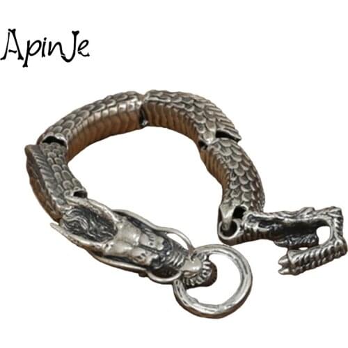 Apinje Retro 925 Sterling Silver Chain Bracelet Animal Chinese Zodiac Dragon Personality Men Thai Silver Jewelry Male Bracelets