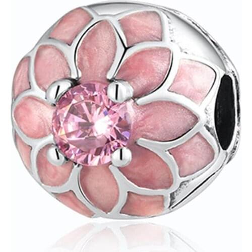 Blooming Dahlia Pink Enamel & Blush Pink Crystal Cip Charm fit Lady Bracelet Bangle Authentic S925 DIY Jewelry