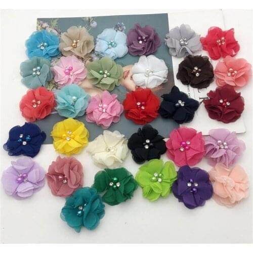 100pcs beaded and rhinestone Chiffonfabric artificial 3d rose handmade fabric flower for dress shoes clothes decorative 5.5cm