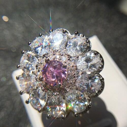 Trendy Luxury Jewelry Ladies Shiny White Zirconia Crystal Flower Female Alloy Ring for Women Party Wedding Accessories