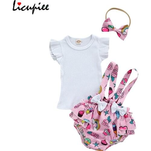 0-18 Months Baby Girls Clothing Sets 3pcs Clothes Set O-neck Fly Sleeves Tops, Suspender Trousers and Headdress