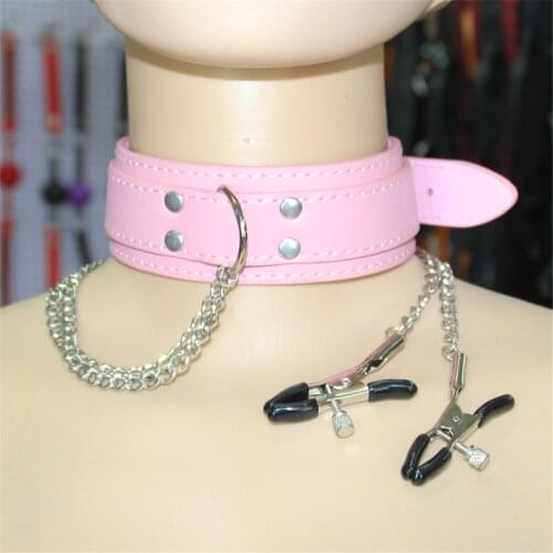 Leather Collar With Breast/Nipple Clamps Chain Clip Bondage Boutique Adjustable Nipple Clamps Flirting Sex Products For Couples