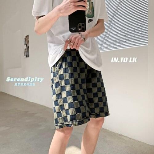 Summer Shorts Men Cowboy Casual Blue Lattice Splicing Shorts Male Cowboy Shorts