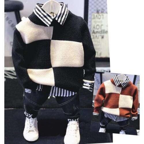 New Baby Boys Autumn winter Sports suit 3pieces set Kids Clothing sets Knit sweater + shirt + jeans Casual boys clothes set 2-6Y