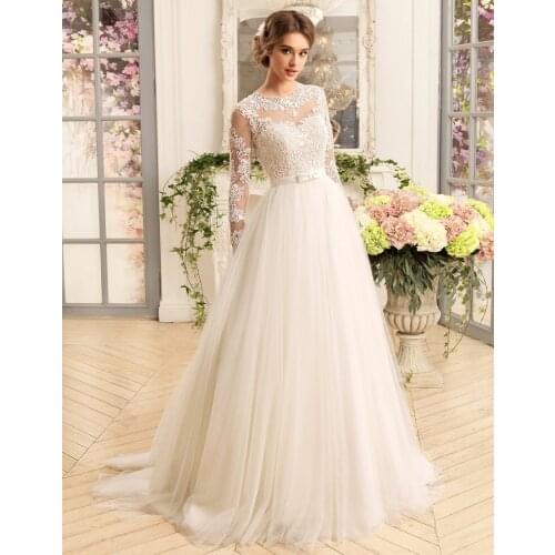 2021 New Elegant Long Sleeve Wedding Dresses O-Neck Lace A-line Tulle Bridal Gown Applique Robe Mariee