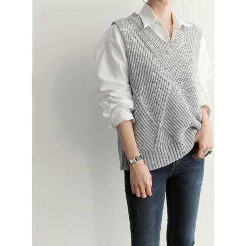 33161 Autumn Womens Vest Retro Loose Fashion Korean Solid Gray Popular Office Daily Sleeveless Sweater Knitted Waistcoat Female
