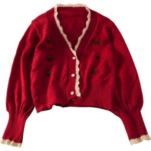 Autumn cherry embroidery color matching diamond lattice wavy edge knitted V-neck single-breasted button sweater