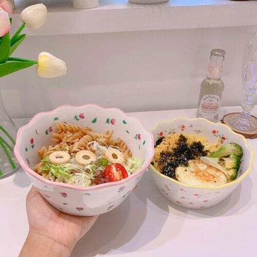 Pastoral retro lace ceramic bowl student instant noodle bowl salad bowl soup bowl sweet floral