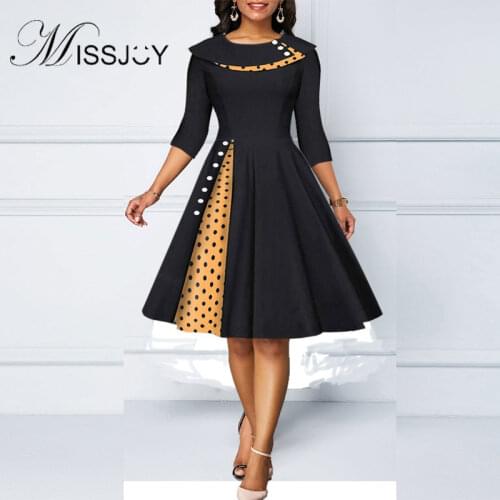 MISSJOY Womens temperament lapel polka dot stitching sleeves retro hip-wrapped A-line large swing slim knee-length dress
