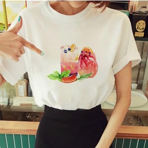 Popular Women T Shirts Strawberry dessert and juice Printed Design Tshirt Female Round Neck Clothing Women Spain StyleFemale