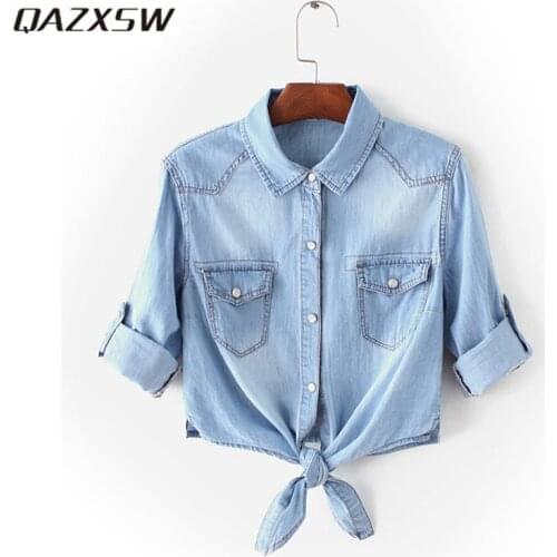 QAZXSW Turn-down Collar Casual Women Polo Shirts Coat Jeans Plus Size Cowboy Girl Shirt Polo OL Crop Top Loose Autumn YX2038