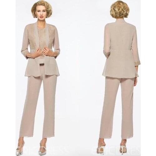 Champagne Mother Of The Bride Dresses With Jacket Chiffon Jewel Neck Lace Three Pieces Wedding Guest Dress Formal Mother Gowns