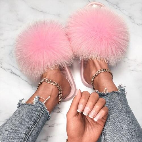 Fluffy Flip Flops Real Fox Fur Slides Women Indoor Cozy Plush Slippers Summer Fox Sandals Furry Fur Slippers Ladies Flat Shoes