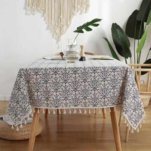 Retro Blue and White Porcelain Tablecloth Tassel Desk Cloth Dining Table Coffee Table Tablecloth Linen Room Decor Aesthetic