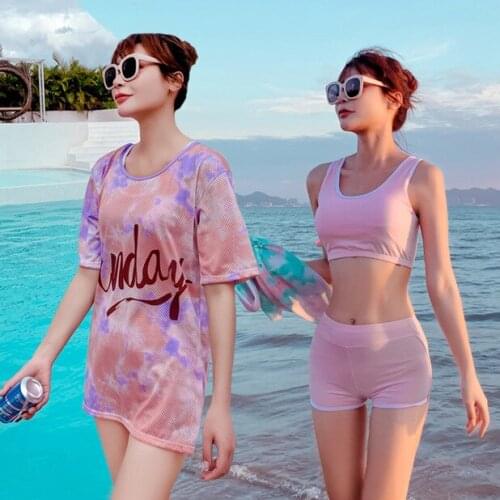 Sports wind split swimsuit womens three-piece pink thin belly hoodie conservative skirt flat-horned pants girl swimwear