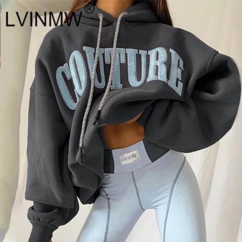 LVINMW Patched Letters Oversized Harajuku Hooded Clothes Drawstring Leisure Long Sleeve Hoodies Pockets Fashion Friends Tops