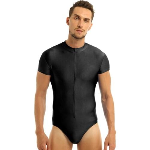 Mens Bodysuit Leotard Round Neck Short Sleeves Front Zipper High Cut Stretch Gymnastics Ballet Dance leotard Jumpsuit Swimwear