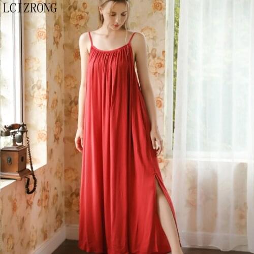 Spring Thin Long Night Dress Women Sexy Spaghetti Strap Split Sleepwear Dress Summer Solid Plus Size Nightgown