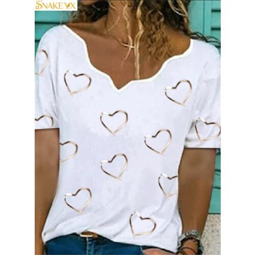 Womens T-shirt 2021 Love Printed Cute Short Sleeve Creativity Irregular Neck Loose Summer Soft and Thin Lightweight T-shirt