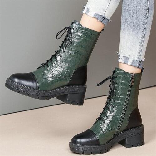 Women Lace Up Cow Leather Chunky High Heels Winter Motorcycle Boots Female High Top Round Toe Platform Pumps Shoes Casual Shoes