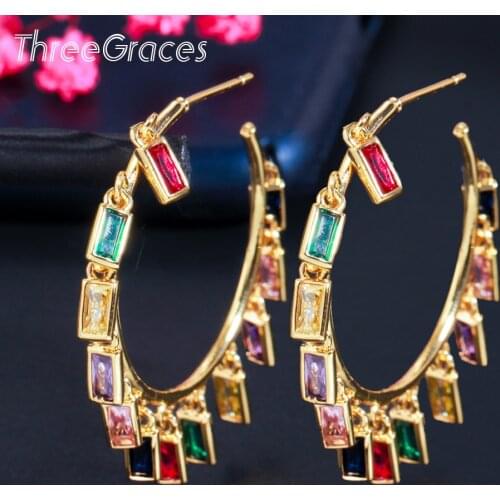ThreeGraces Designer Multicolor Cubic Zirconia Crystal Gold Color Geometry Drop Hoop Earrings for Women Prom Party Jewelry ER537