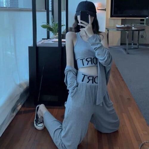 Womens Tracksuit 2021 Summer Letter Printing Slim Vest Loose High-Waist Wide-Leg Pants Three-Piece Running Casual Sports Suit