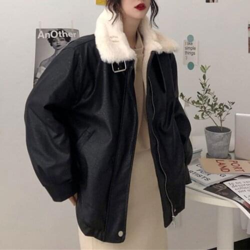 Heydress 2019 Autumn winter black women thick loose motorcycle clothing fur collar lady fashion casual thick leather warm coat