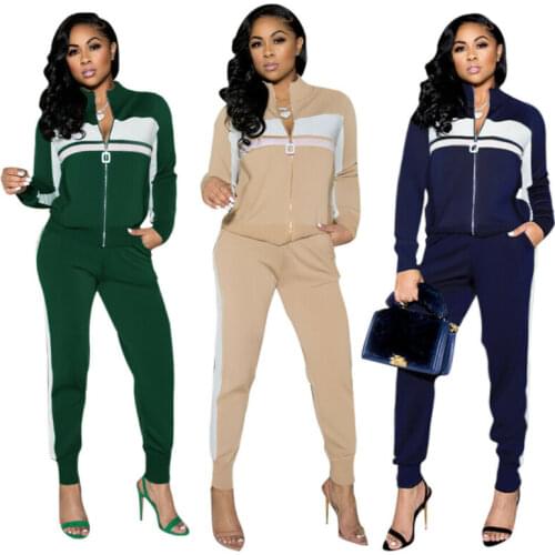 Women Casual Long Sleeve Zipper Coat Color Block Pockets Sport Outfits 2pcs