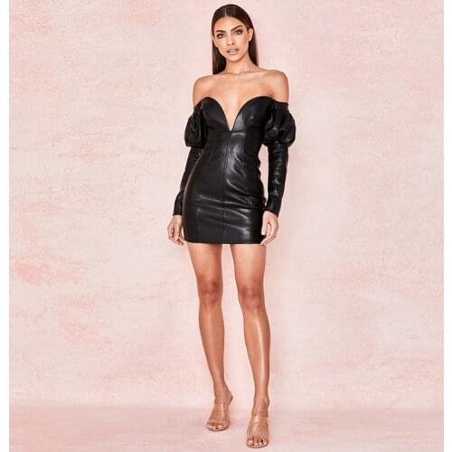 New Update Sexy Elegant Black Off Shoulder Leather Women Party Outfit Dress Celebrity Cocktail Ladies Vestido Wholesale