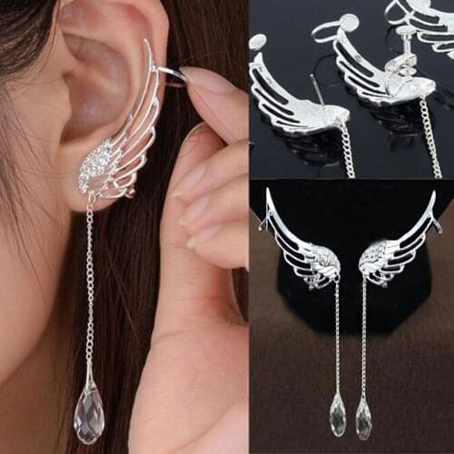 1 Pair Trendy Earring Angel Wing Stylist Crystal Earrings Drop Dangle Ear Stud Cuff Clip