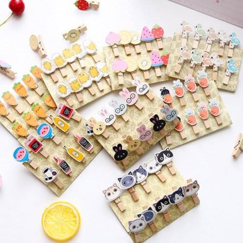 10pcs Cartoon cat Flamingo Wooden Paper Clip Fruits Carrot Bookmark For Album With Rope Message Stickers Students' DIY tools