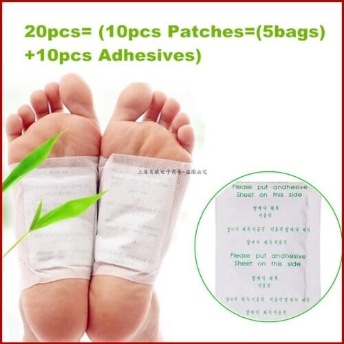 20pcs ( 10pcs=5bag Patches+10pcs Adhesives ) Kinoki Detox Foot Patches Pads Body Toxins Feet Slimming Cleansing HerbalAdhesive