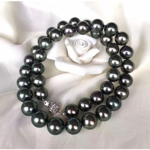 AAA 10-11 mm natural round TAHITIAN black green pearl necklace 18" 36"