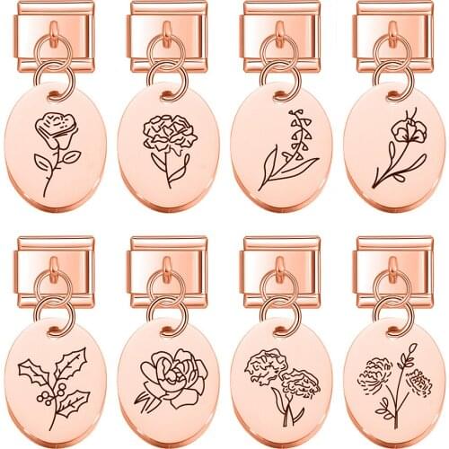 Hapiship 2021 Women/Men 12 Month Rose Laser Ellipse Flower Charm Links Fit 9mm Stainless Steel Bracelet Jewelry DIY Making DJ388