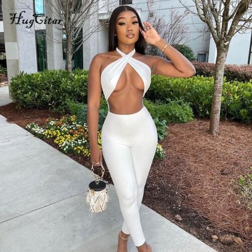 Hugcitar 2021 Sleeveless Solid Halter Bandage Hollow Out Sexy Jumpsuit Summer Women Fashion Streetwear Outfits Club Romper