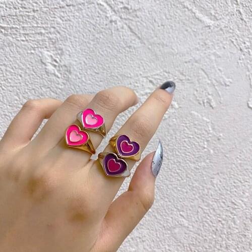 New Ins Creative Simple Colorful Double Layer Love Heart Ring Vintage Drop Oil Heart Rings For Women Girls Fashion Jewelry