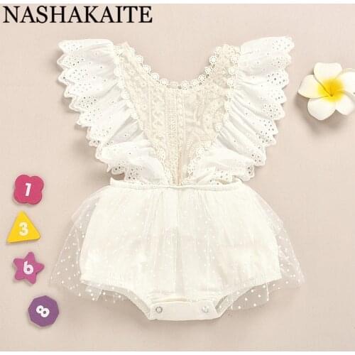NASHAKAITE Baby Girl Clothes Sweet Cute White Flounced Lace Decor Bodysuit Summer Breathable Baby Rompers Newborn Baby clothes