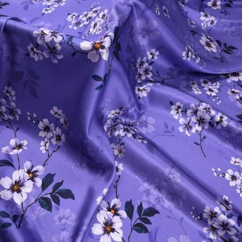 1 Meter Natural Silk Fabric Summer 19 Mm Stretch Satin White Floral Purple Printing Qipao Dress