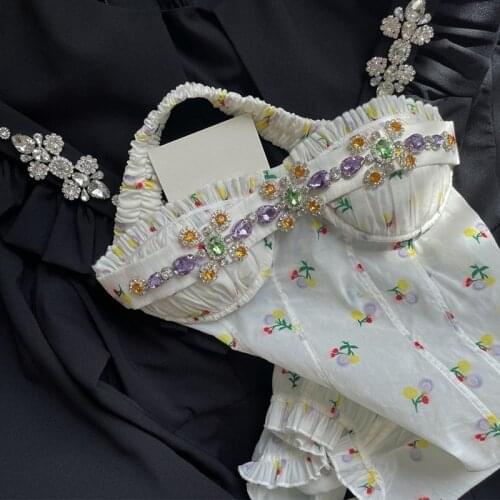 Summer Sexy Luxury Diamond Floral Camisole Beading Girl Club Sleeveless Sling Backless Top Female Bodysuit Party Clothes
