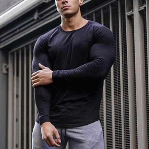 2021 Men T shirt Solid Long Sleeve Slim Shirt Men Tee Fitness Sport Shirt Mens Clothing 3XL O neck Free Shipping