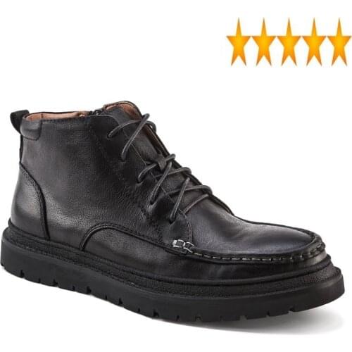 Bottom Thick Winter Lace New Up Zip Round Toe Mens High Top British Retro Genuine Leather Cowhide Male Casual Short Boots