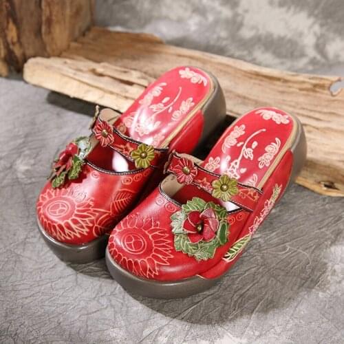 New Leather SandalsRetro thick-soled slippersHigh heel leather slippersLeather shoesFlower slippersHandmade sandals
