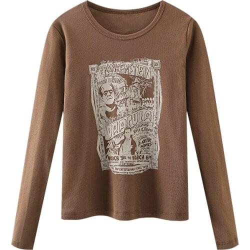 Casual Women Soft Cotton O Neck T-shirt 2021 Spring-autumn Fashion Ladies High Street Vintage T-shirt Female Printed Slim Top